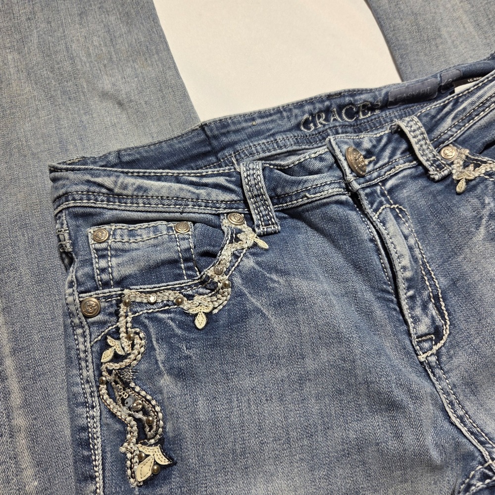 Y2k Grace in LA Easy Fit Embroidered Bootcut Jeans Light Wash Sequin Size 31 - Picture 3 of 8
